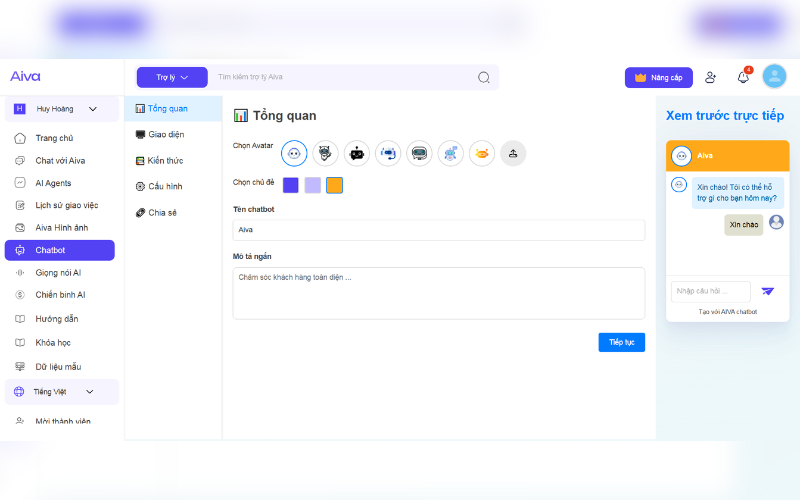 Tạo Chatbot dễ dàng, nhanh chóng trên AIVA