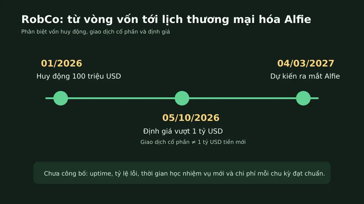 Dòng thời gian RobCo từ vòng vốn tháng 1 năm 2026 tới định giá 1 tỷ USD và lịch ra mắt Alfie tháng 3 năm 2027