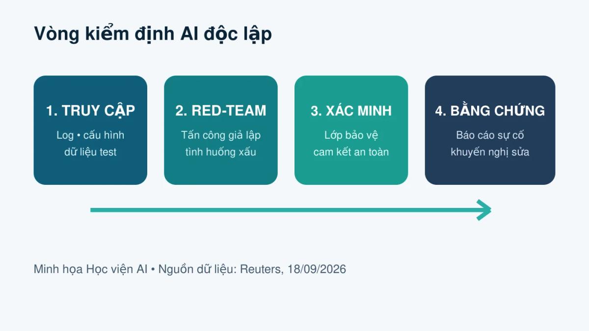 Sơ đồ bốn lớp kiểm định AI độc lập từ quyền truy cập đến bằng chứng