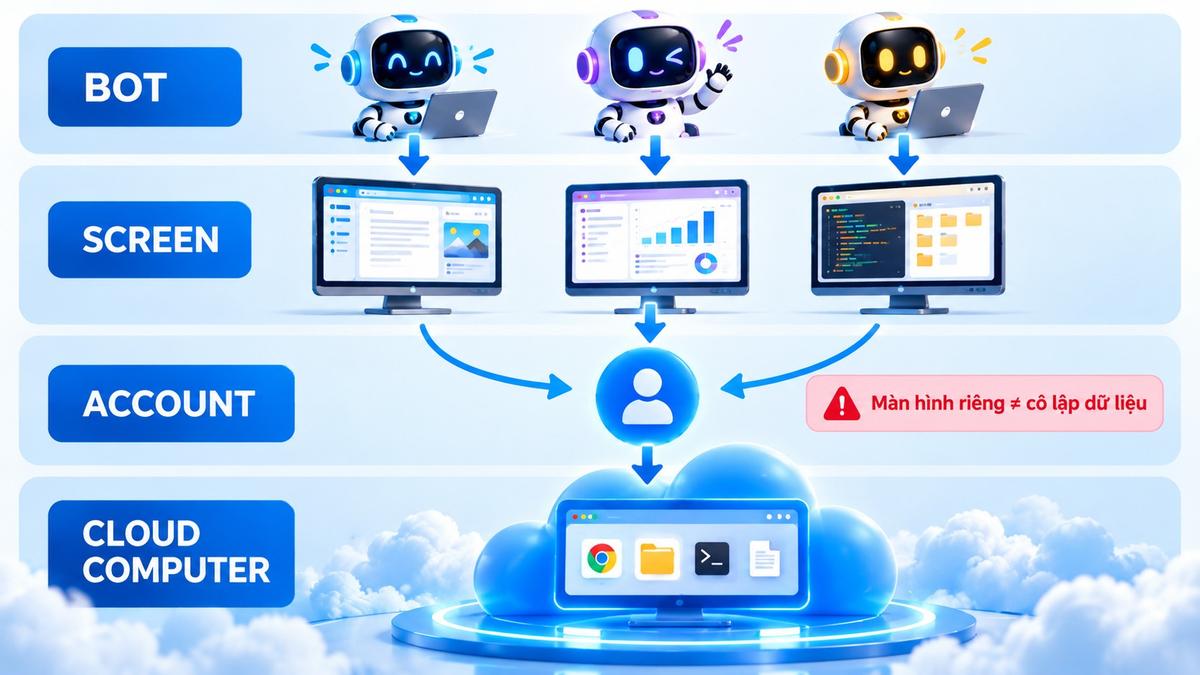 Sơ đồ giải thích bốn lớp Grok Bot, màn hình, tài khoản và máy tính cloud dùng chung