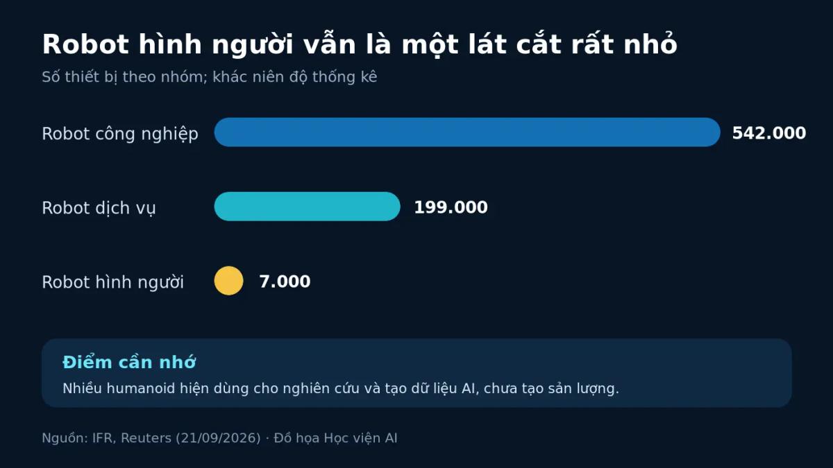 So sánh 7.000 robot hình người năm 2025 với 542.000 robot công nghiệp và 199.000 robot dịch vụ năm 2024