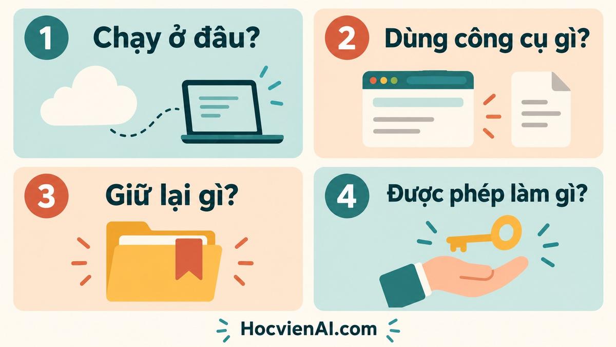 Bốn thẻ kiểm tra môi trường Agent: chạy ở đâu, dùng công cụ gì, giữ gì và được phép làm gì