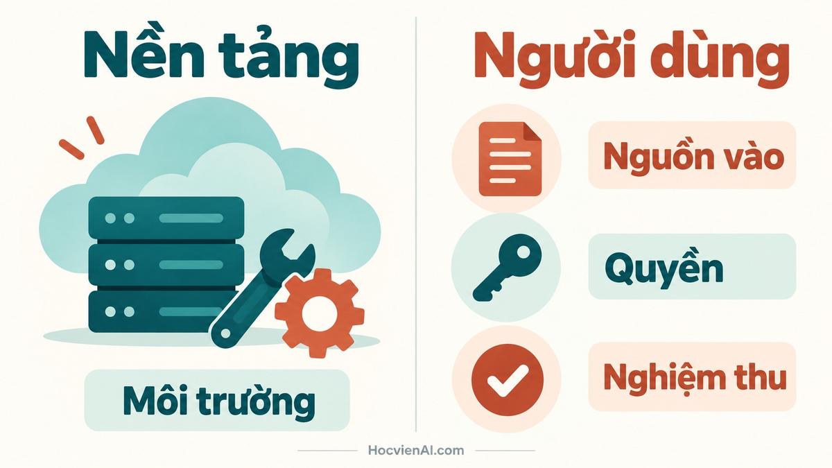 Phân chia trách nhiệm giữa nền tảng vận hành môi trường và người dùng quản đầu vào, quyền, nghiệm thu