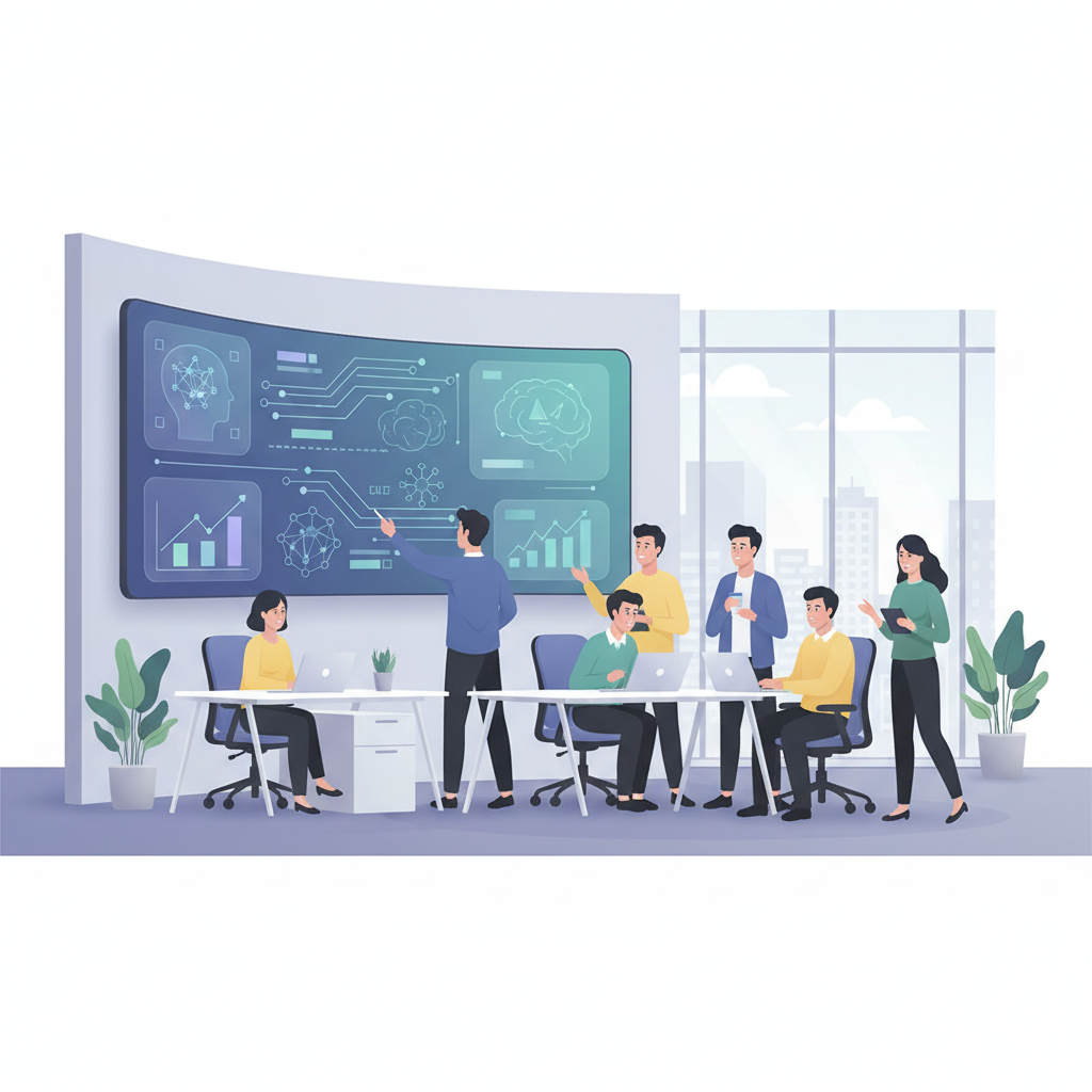 a vietnamese small and medium-sized enterprise (SME) office with a team collaborating on a digital screen, showcasing data and AI concepts, in a clean and modern setting, no text