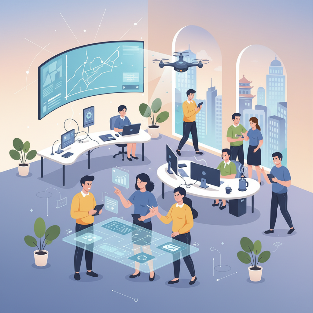 A Vietnamese SME office bustling with activity, with employees collaborating and using modern technology, showcasing a dynamic and innovative work environment.