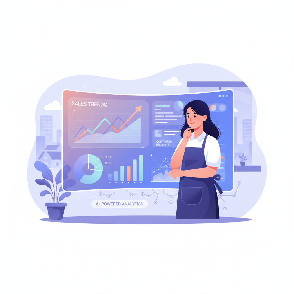 A Vietnamese small business owner looking at a dashboard with AI-powered analytics, showing sales trends and customer insights