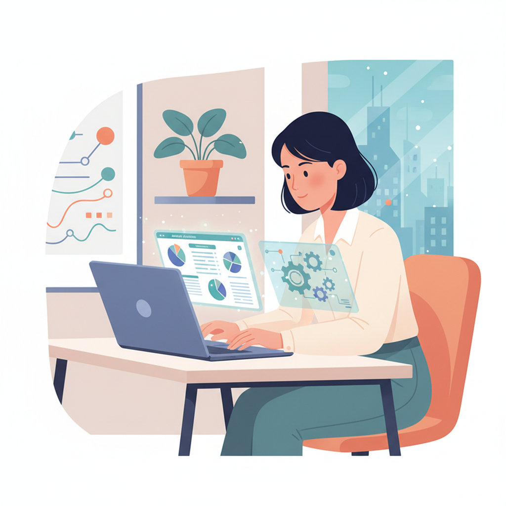 A Vietnamese SME owner meticulously planning their budget for AI implementation, with pie charts and spreadsheets on a laptop, in a modern office.