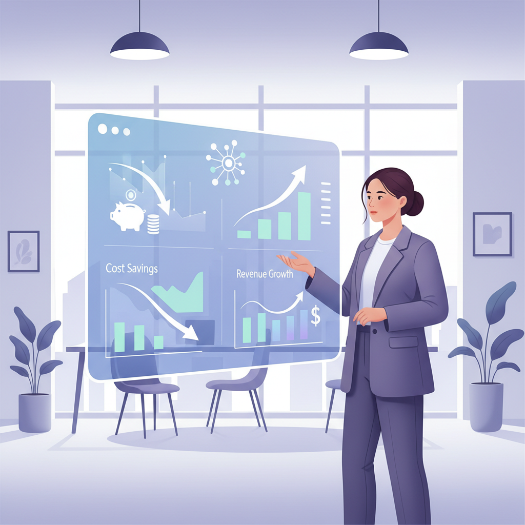 A Vietnamese small business owner looking at a dashboard with AI-powered analytics, showing cost savings and revenue growth, in a modern office.