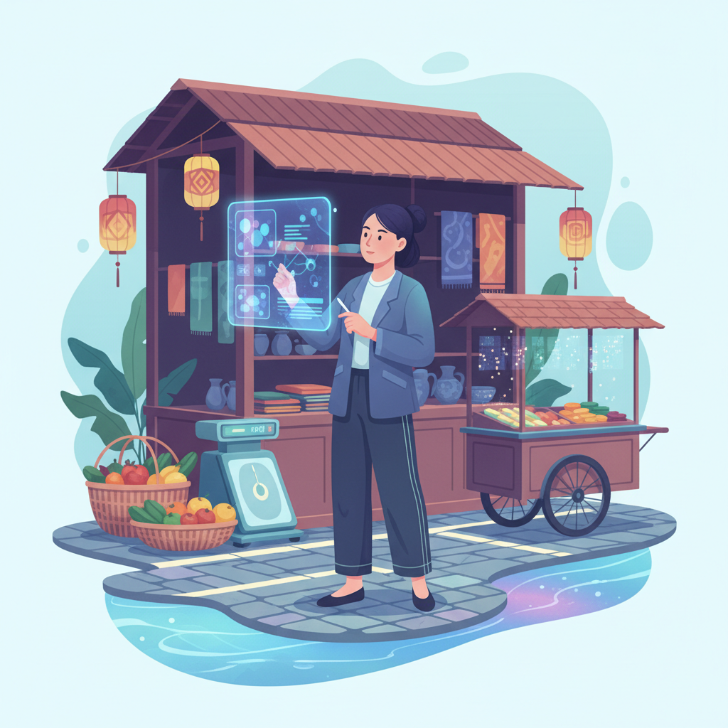 A Vietnamese small business owner looking thoughtfully at a holographic AI dashboard, surrounded by traditional market elements.