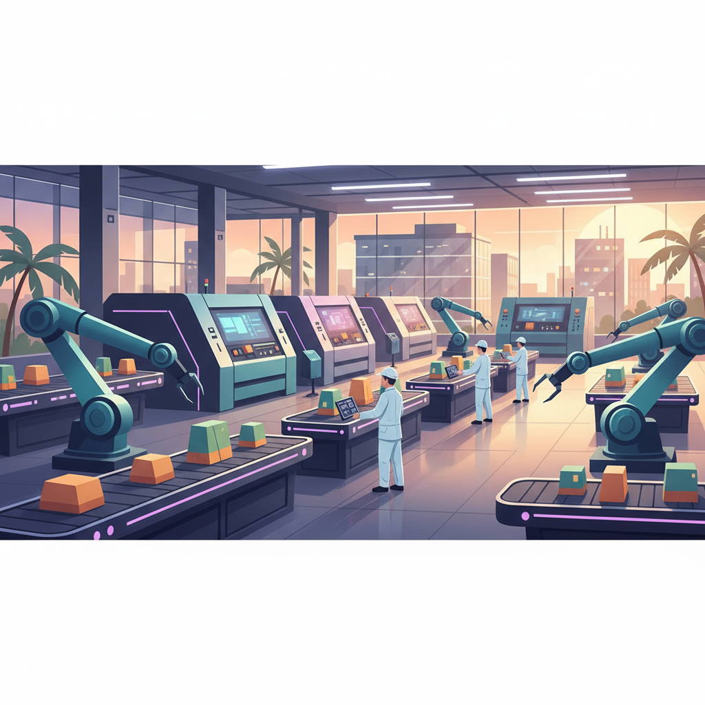 A Vietnamese manufacturing factory floor with some automated machinery, no text.