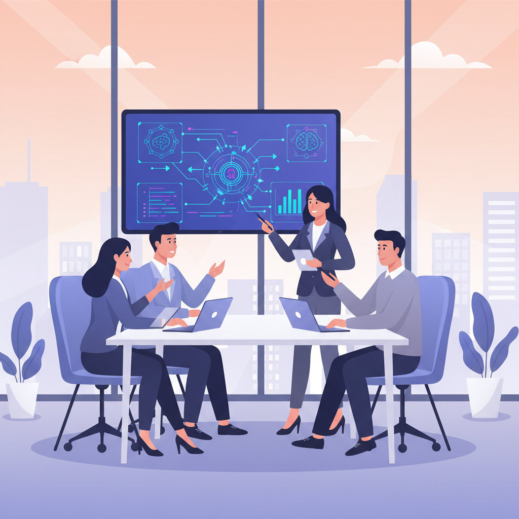 A group of Vietnamese business professionals brainstorming in a modern office with AI-related diagrams on a screen, focused and collaborative.