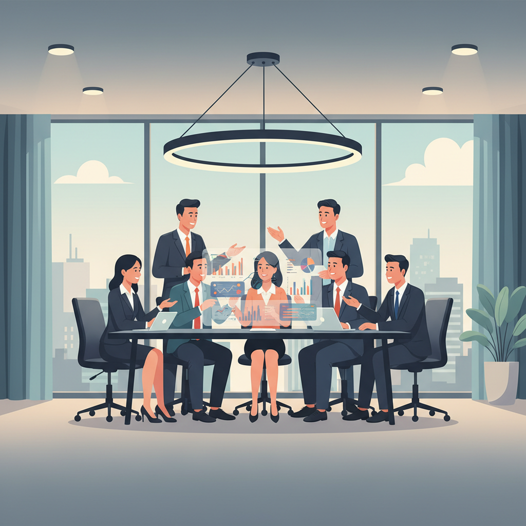 A group of Vietnamese business professionals in a modern meeting room, discussing a data dashboard on a large screen, looking engaged and collaborative.