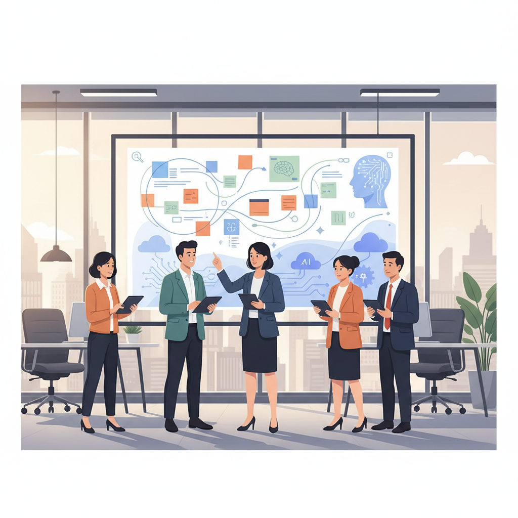 A diverse group of Vietnamese business professionals collaborating on a whiteboard, brainstorming AI solutions with sticky notes and diagrams, in a modern office setting.