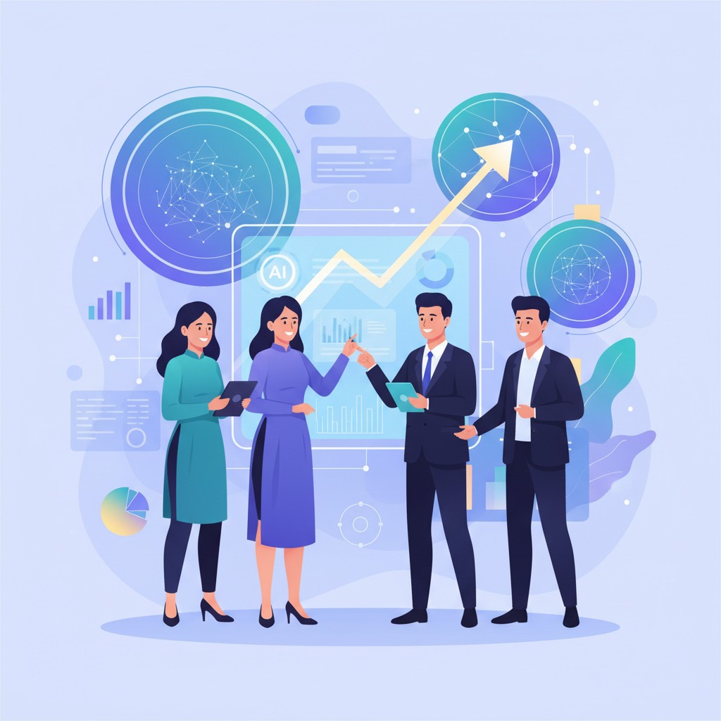 A group of Vietnamese business professionals collaborating on a digital transformation project, with AI dashboards in the background, showing innovation and growth.