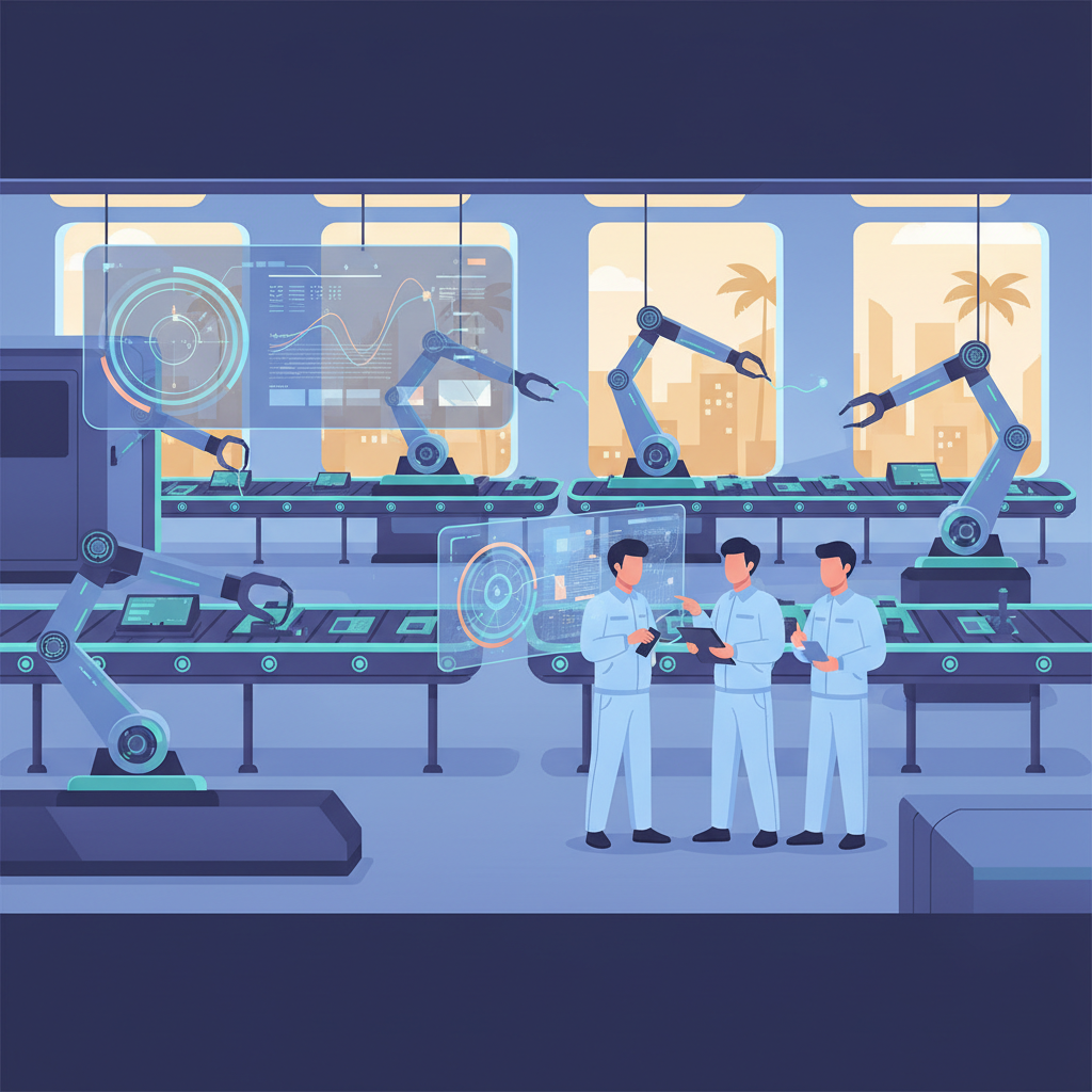 A Vietnamese factory floor with automated machinery, data dashboards on screens, engineers collaborating.