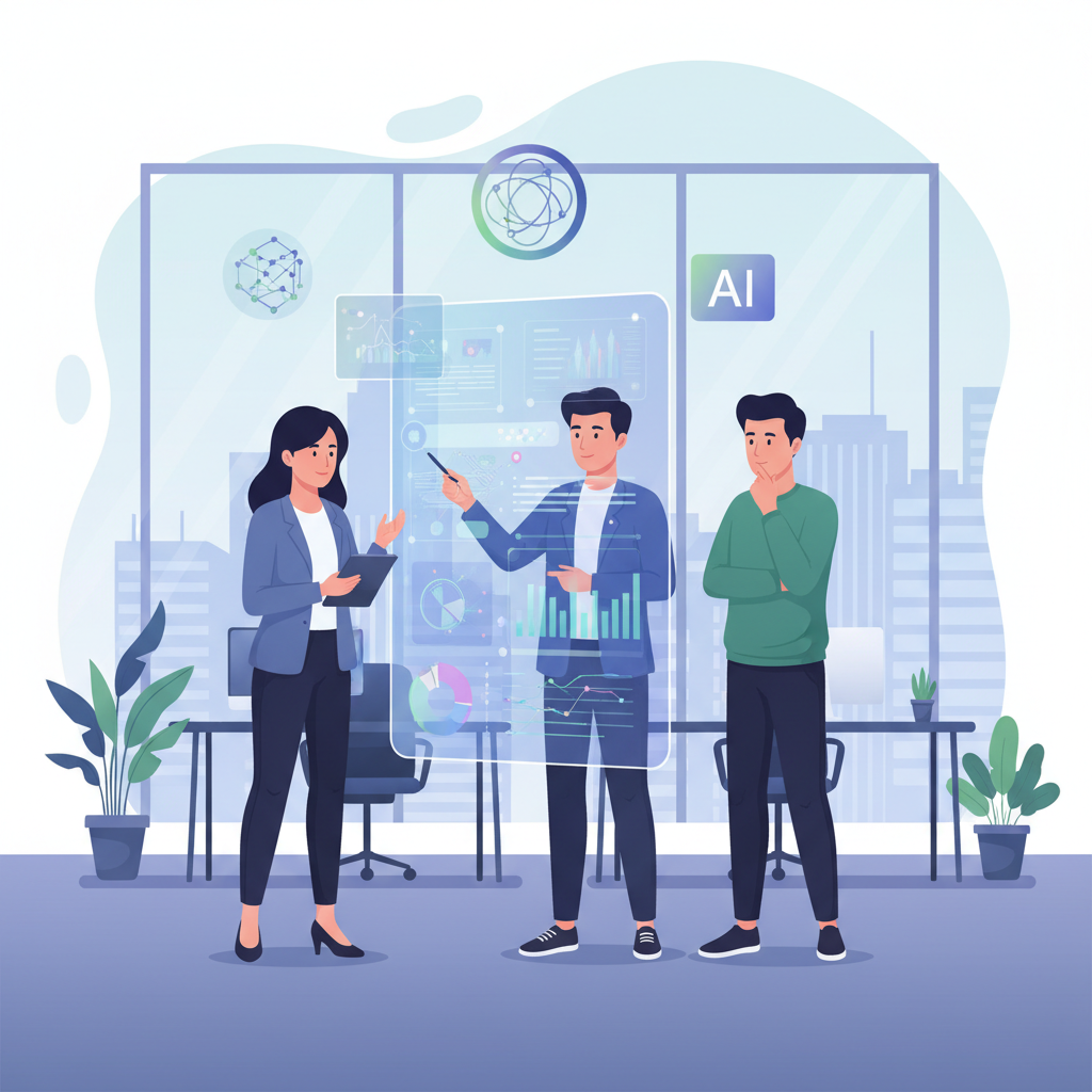 A Vietnamese business team analyzing data on a large screen, discussing AI project metrics in a modern office.