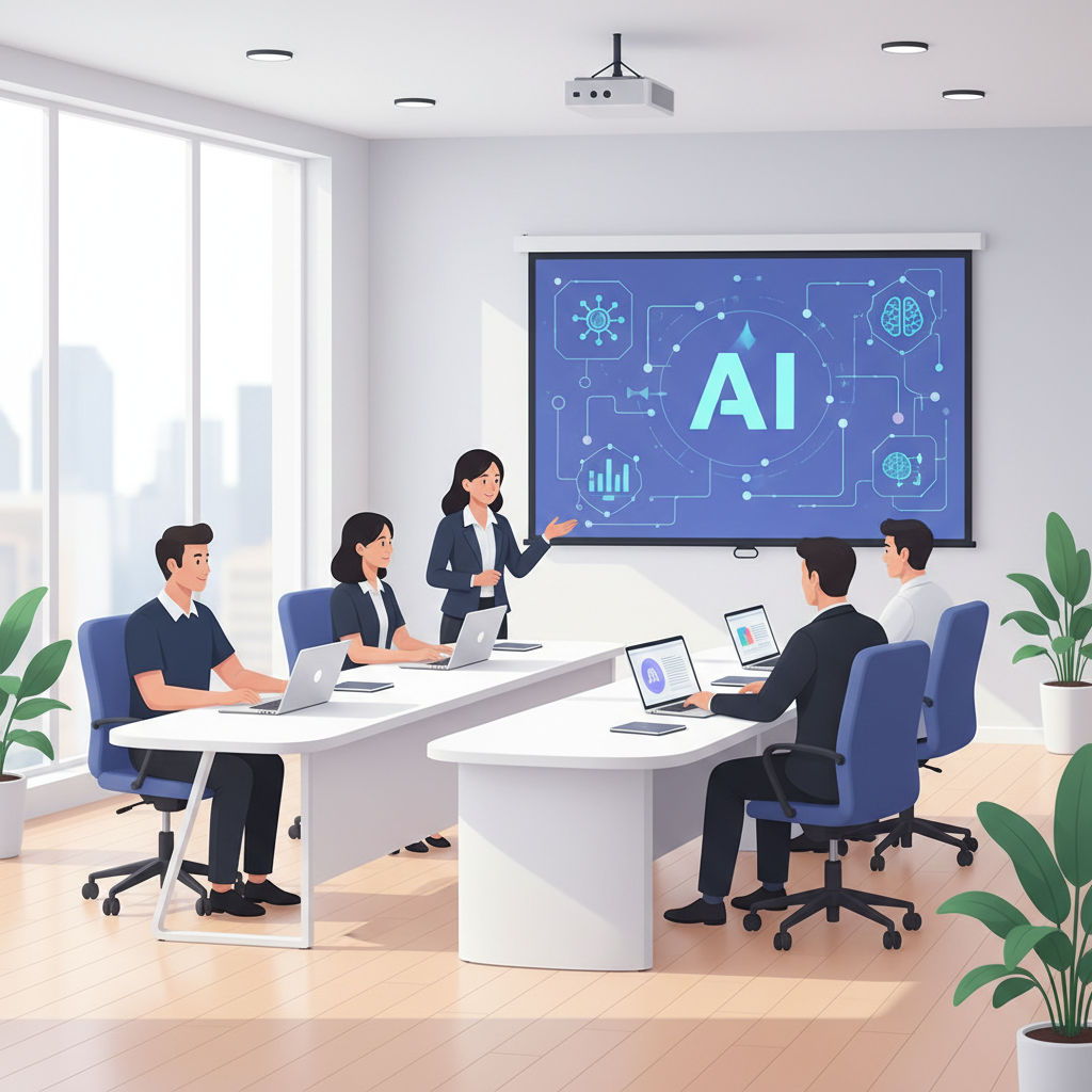 A group of Vietnamese employees in a modern office setting, actively participating in an AI training session, with laptops and a projector displaying AI concepts.