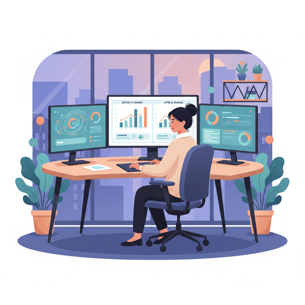 A Vietnamese data analyst sitting in front of multiple screens, analyzing complex charts and graphs on employee performance metrics before and after an AI training program.
