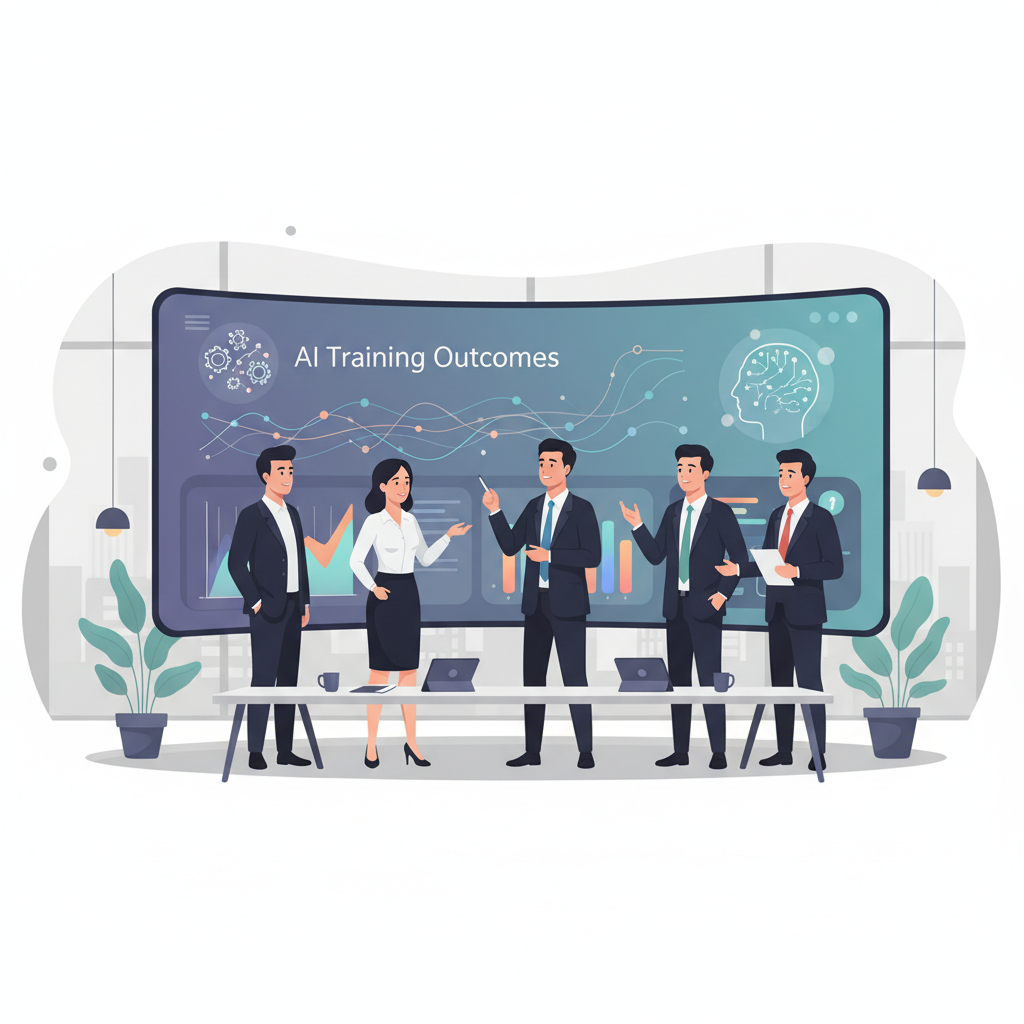 A Vietnamese business team analyzing data on a large screen, discussing AI training outcomes in a modern office environment.
