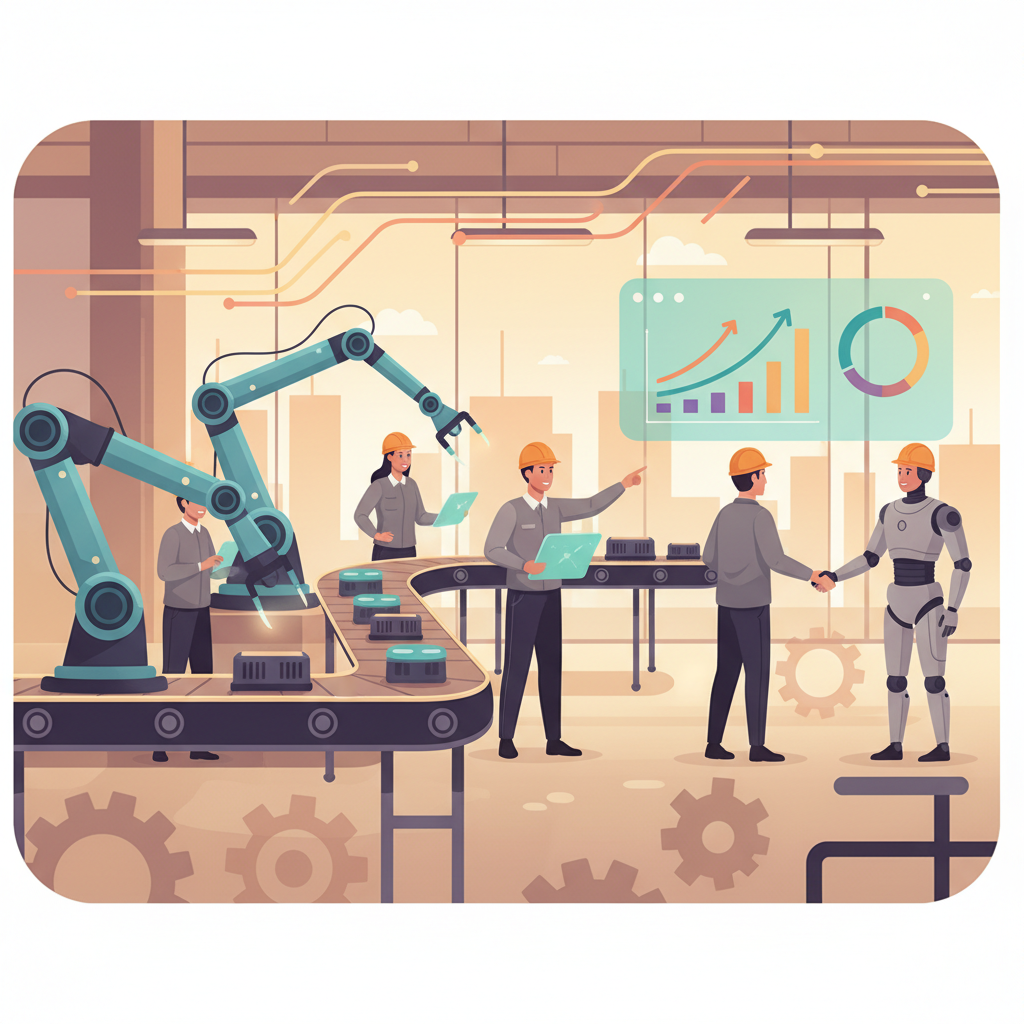 A modern factory floor with robots and human engineers collaborating, showing increased efficiency and productivity