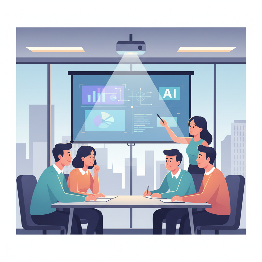 A modern Vietnamese office setting, a diverse team of employees intently looking at a large screen displaying AI-related data and charts, a projector light illuminating their faces.