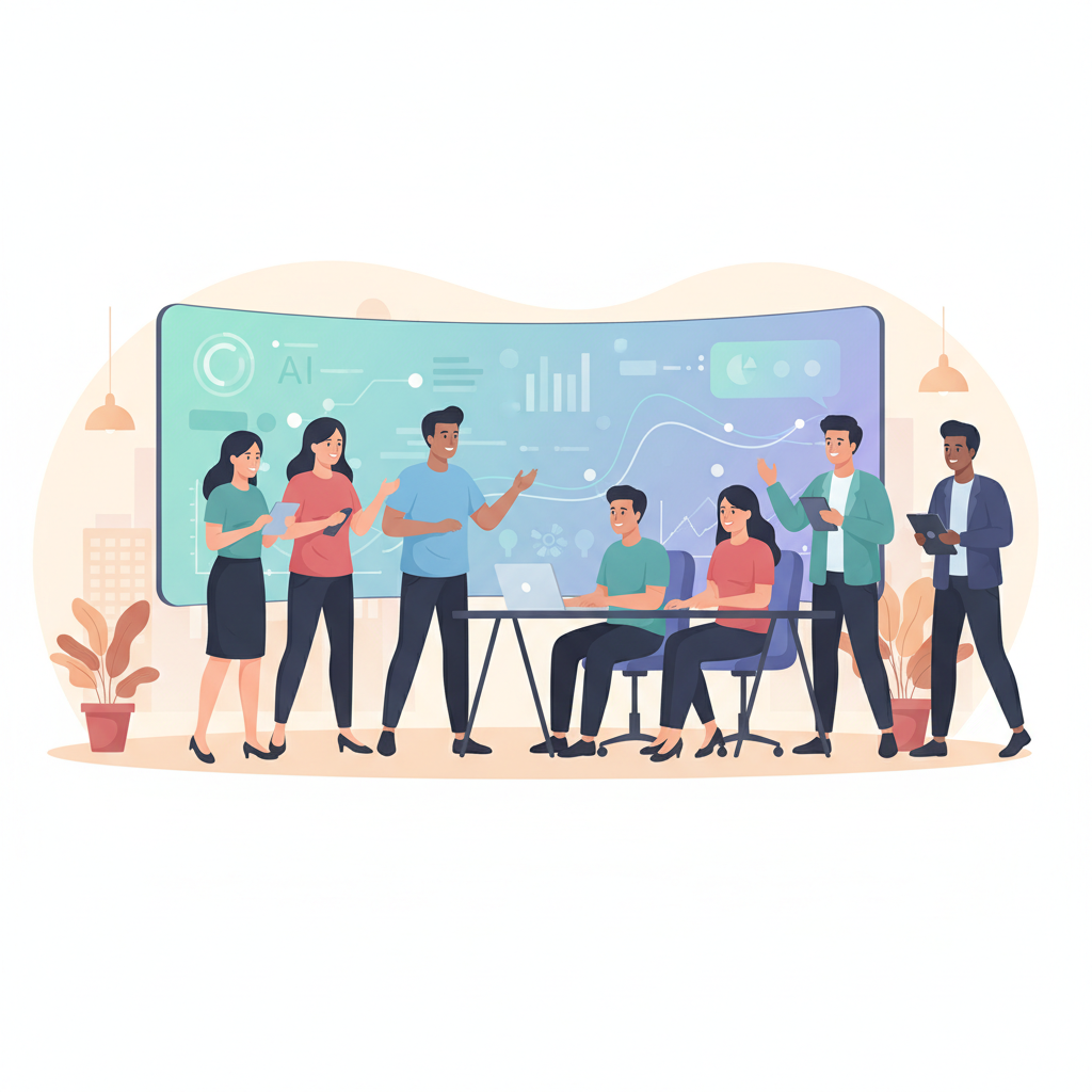 A group of diverse Vietnamese employees collaborating around a large screen displaying AI-powered analytics, looking engaged and productive.