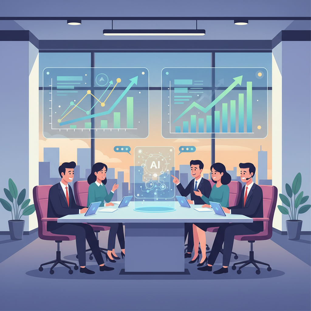 A group of Vietnamese customer service agents are receiving AI training in a modern office, with charts and graphs on screens showing improved KPIs.