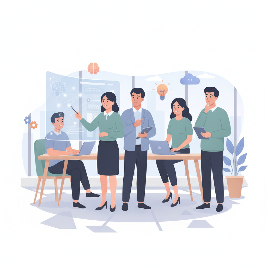 A group of Vietnamese employees actively participating in an AI training session, looking engaged and collaborative, in a modern office setting.