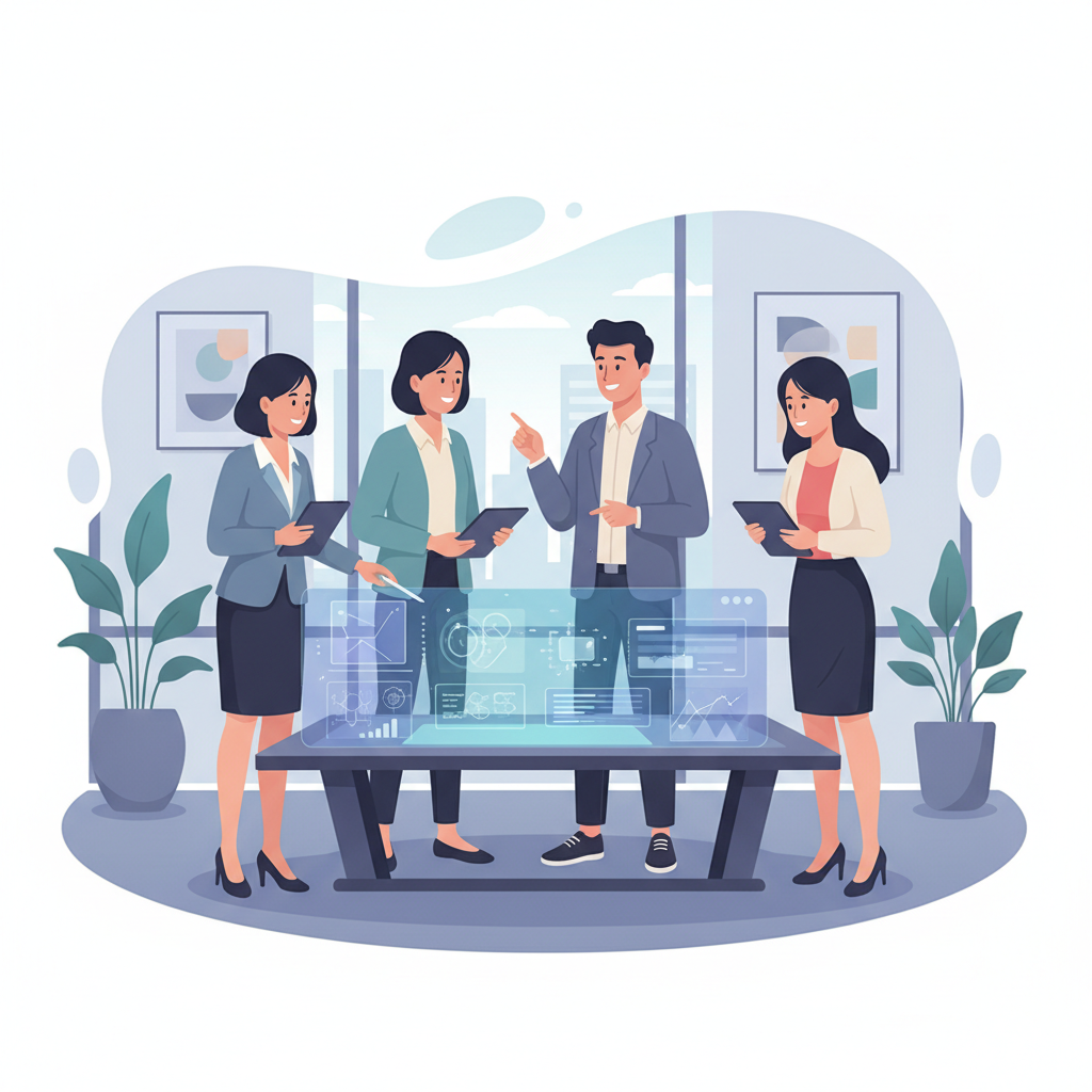 A group of Vietnamese business professionals collaborating on a digital project in a modern office setting.