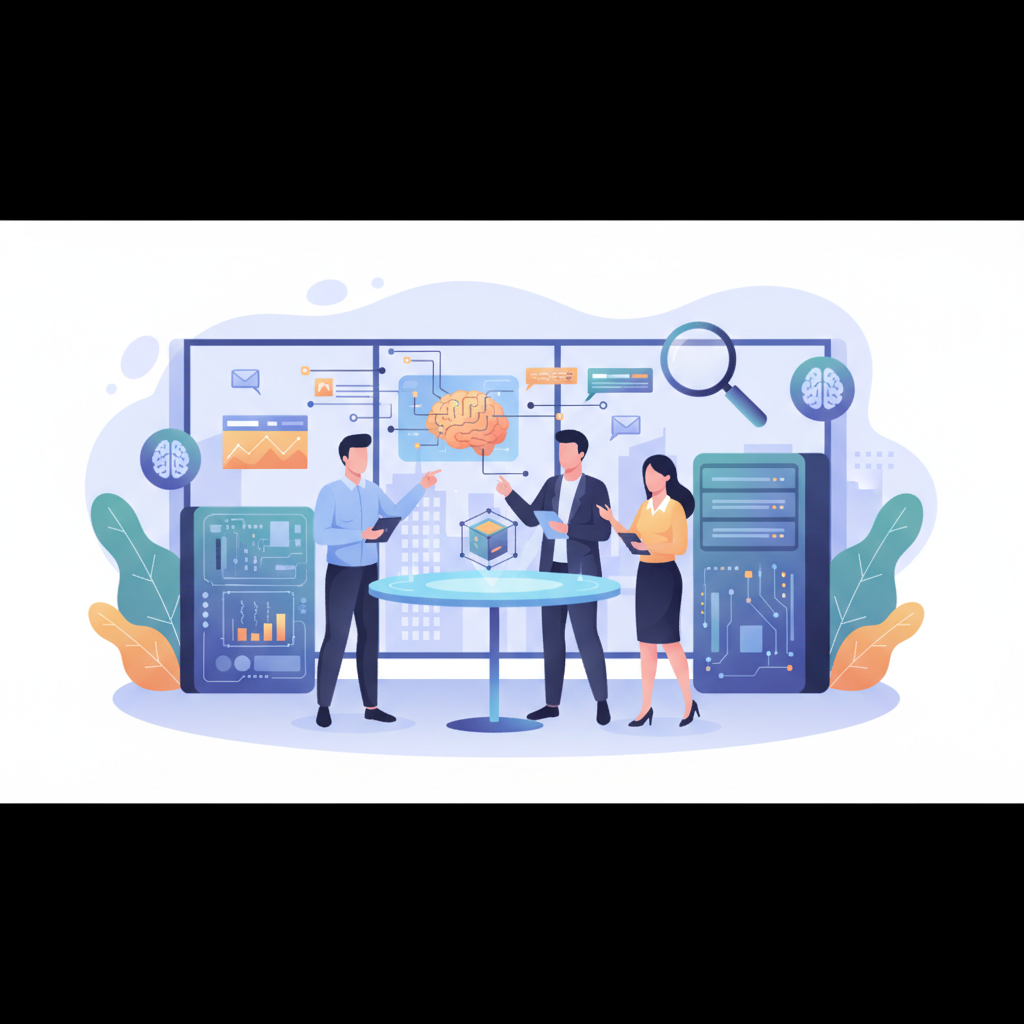 A group of Vietnamese business professionals brainstorming AI solutions in a modern office, focusing on data and algorithms