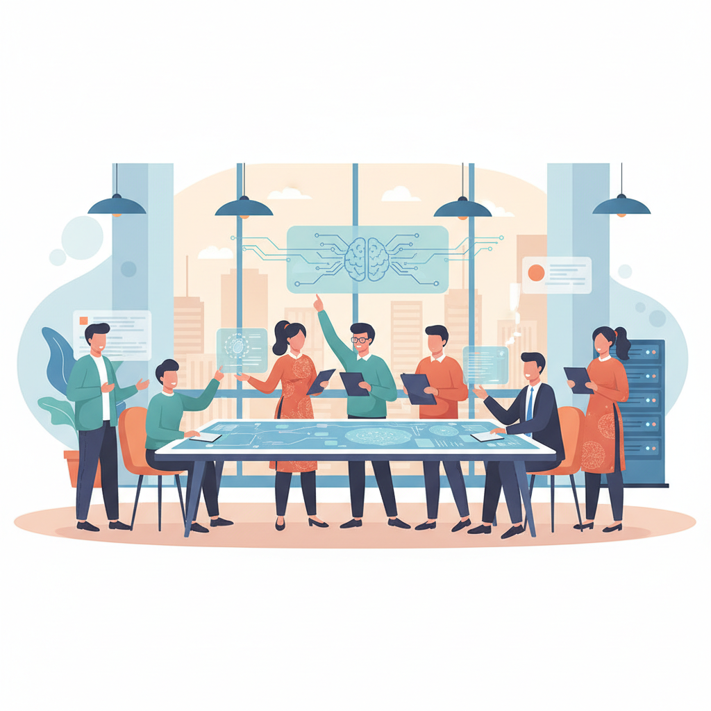 Vietnamese business professionals learning AI in a modern, collaborative office setting, diverse group, no text