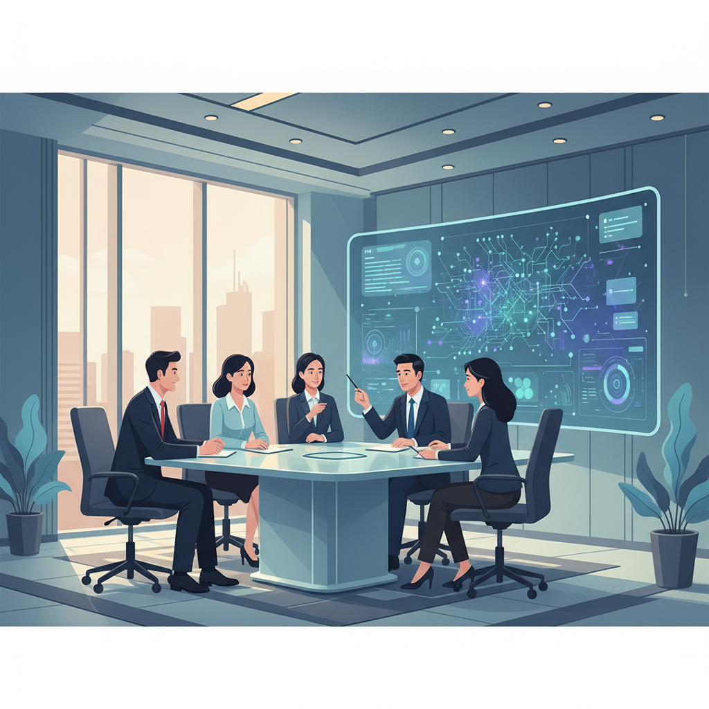 A group of Vietnamese business leaders in a modern conference room, discussing strategy with AI dashboards on screens.