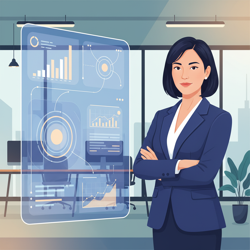 A Vietnamese business leader, mid-40s, looking confidently at a dashboard displaying AI-driven insights in a modern office.