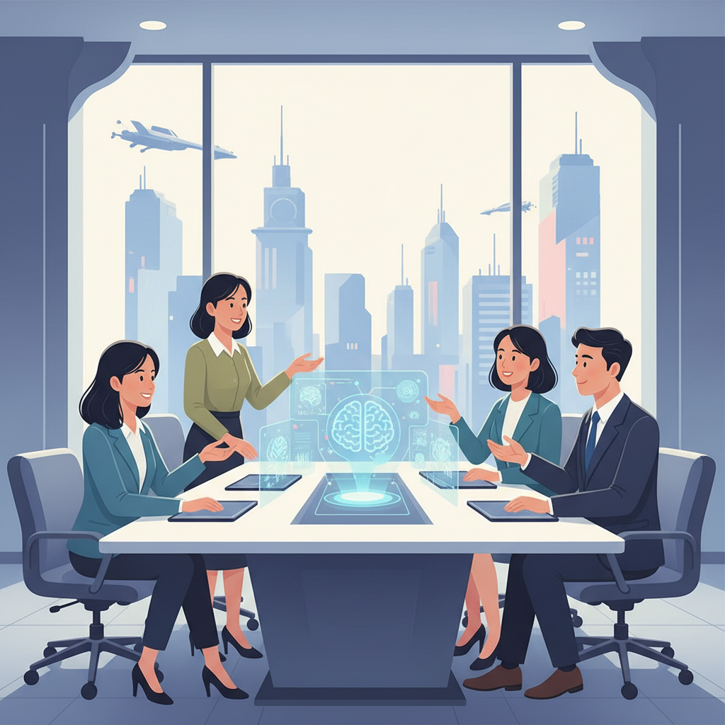 a diverse group of Vietnamese business leaders in a modern boardroom, actively discussing AI integration strategies, no text