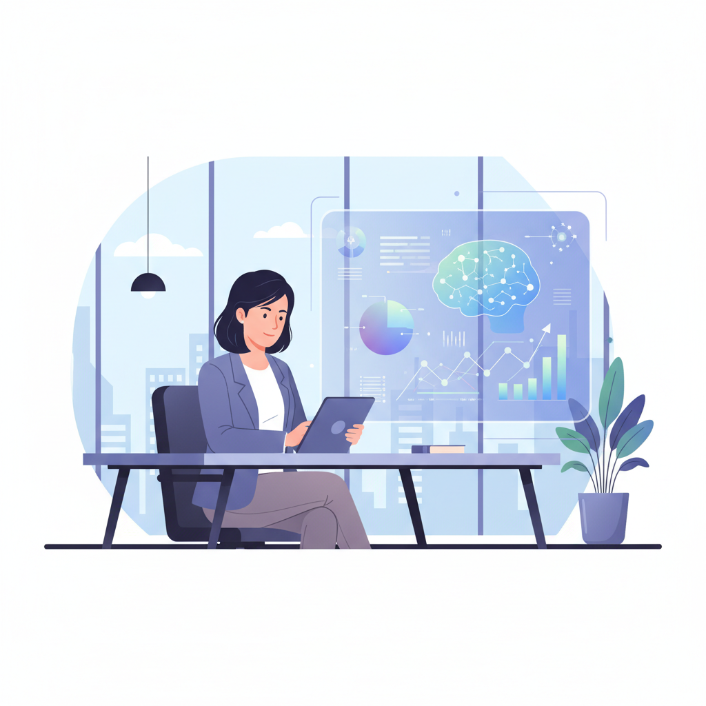 A Vietnamese business leader, mid-40s, thoughtfully reviewing data on a tablet in a modern office, surrounded by subtle AI-related graphics.