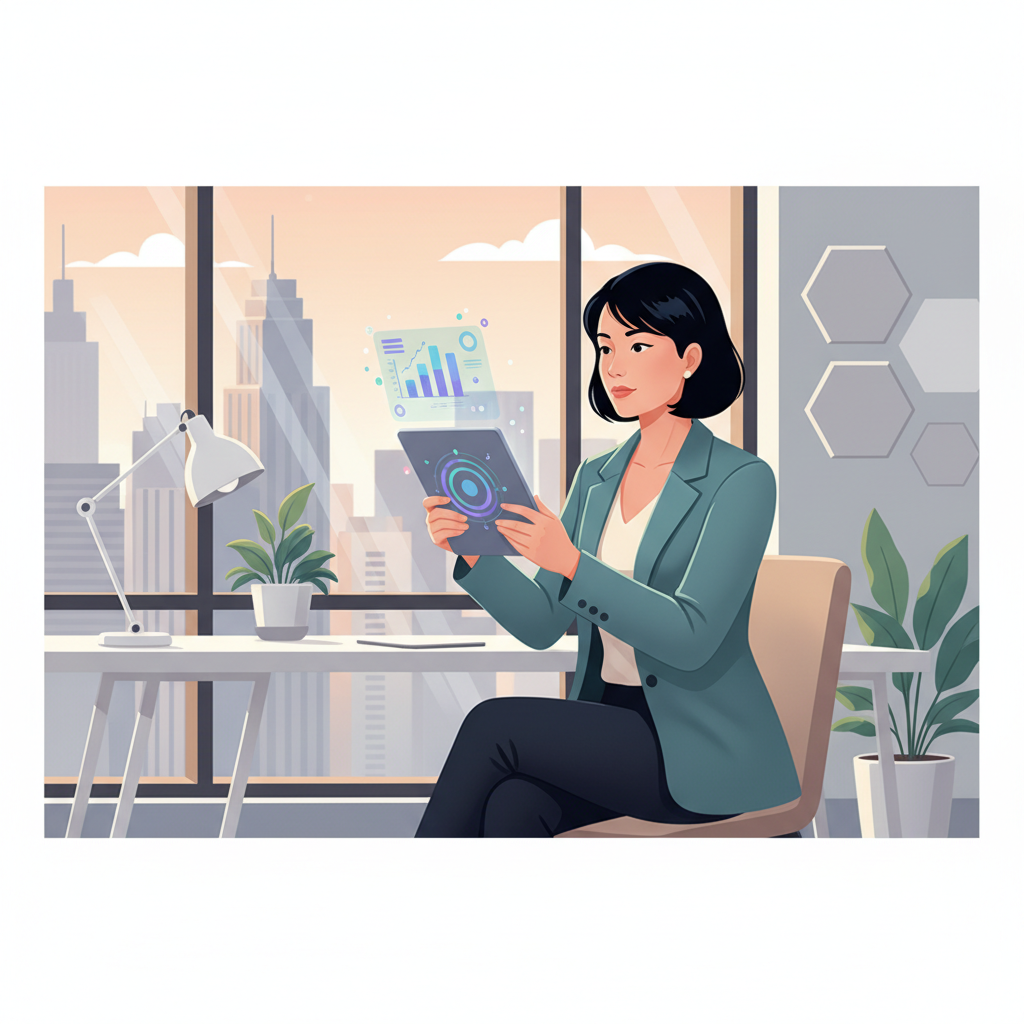 A Vietnamese business leader, mid-40s, looking thoughtfully at a tablet displaying AI-powered analytics, in a modern office.