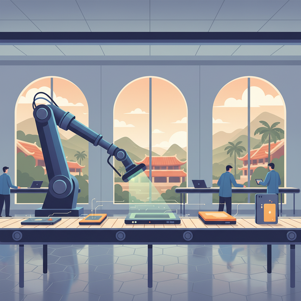 AI-powered robot arm inspecting product quality on a factory floor in Vietnam, no text