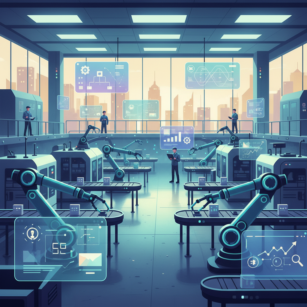 Vietnamese factory floor with advanced machinery, AI interfaces on screens, showing data analytics and process optimization in a modern industrial setting