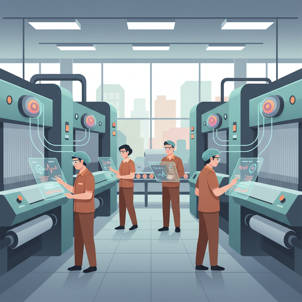 Factory floor with textile machinery, sensors attached to equipment, Vietnamese workers monitoring