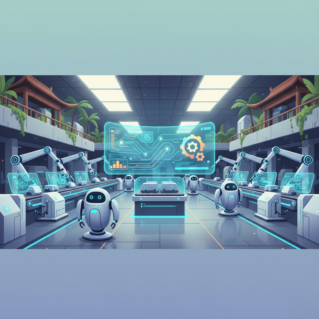 a futuristic factory floor in Vietnam, with robots and AI dashboards, showing efficiency and innovation
