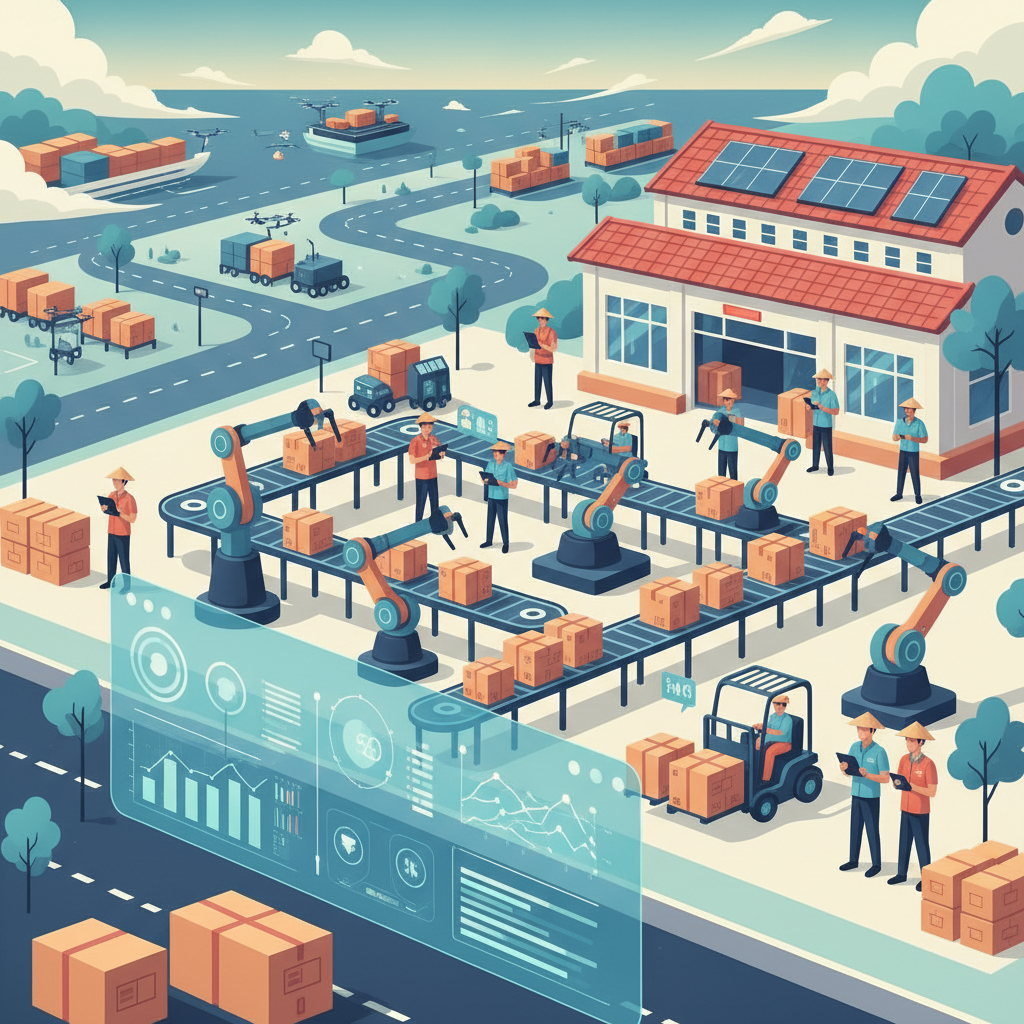 AI-powered supply chain optimization in a Vietnamese consumer goods factory, showing data dashboards and automated logistics.
