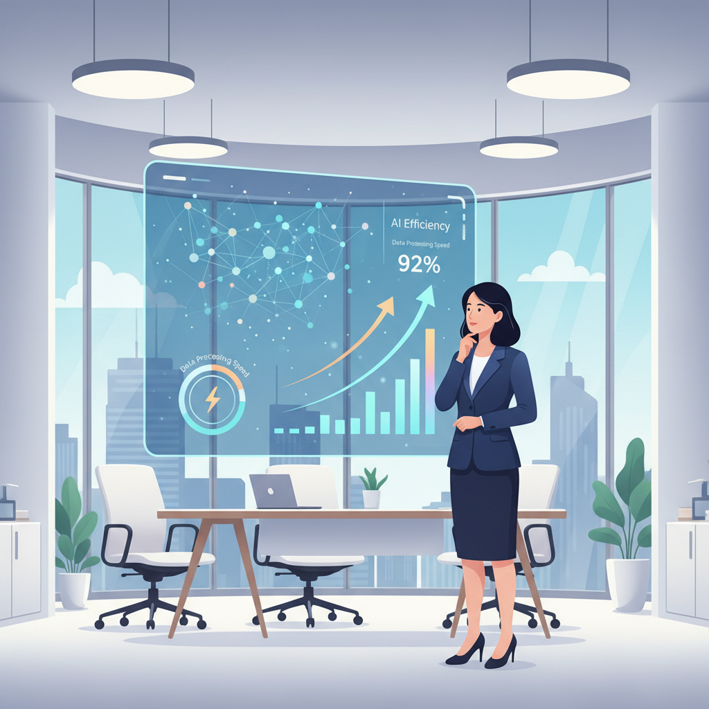 A Vietnamese business leader looking at a dashboard with AI-related metrics, in a modern office setting