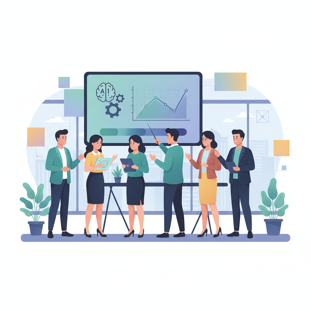 A Vietnamese business team in a modern office, gathered around a large screen displaying charts and data, actively discussing a comprehensive AI readiness assessment report.