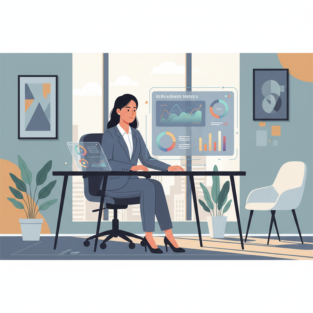 A Vietnamese business professional reviews a digital dashboard displaying AI readiness metrics, with charts and graphs, in a modern office setting, no text