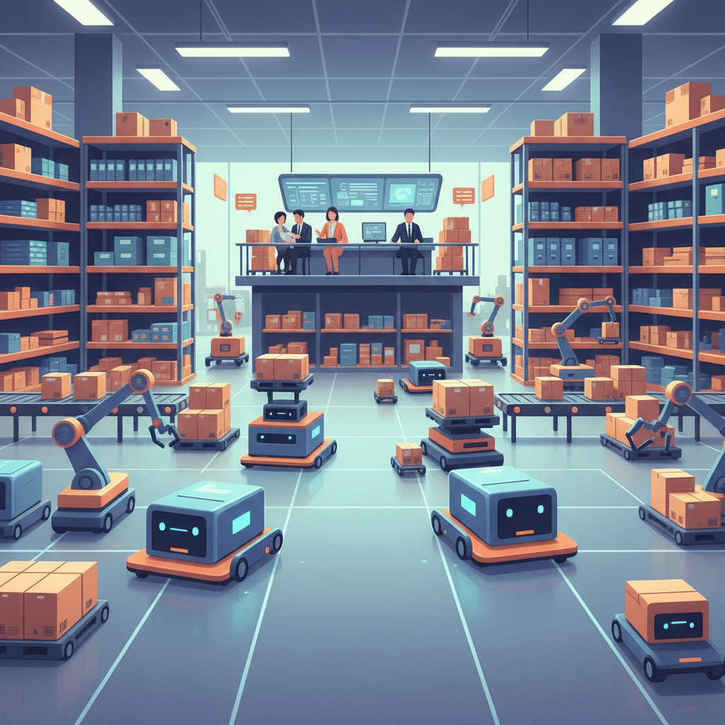A Vietnamese retail store warehouse with automated robots moving inventory, no text