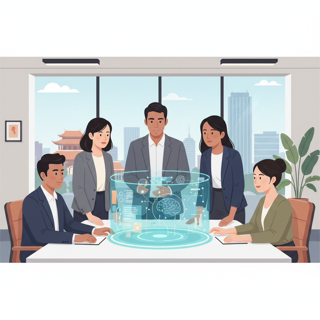 A group of diverse professionals collaborating around a futuristic holographic interface, showcasing AI integration in a modern Vietnamese corporate setting.