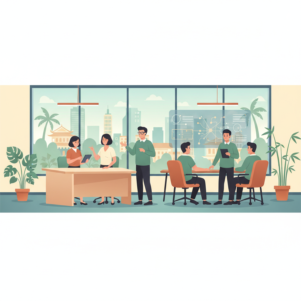 A diverse group of young professionals collaborating in a modern, open-plan office setting in Vietnam.