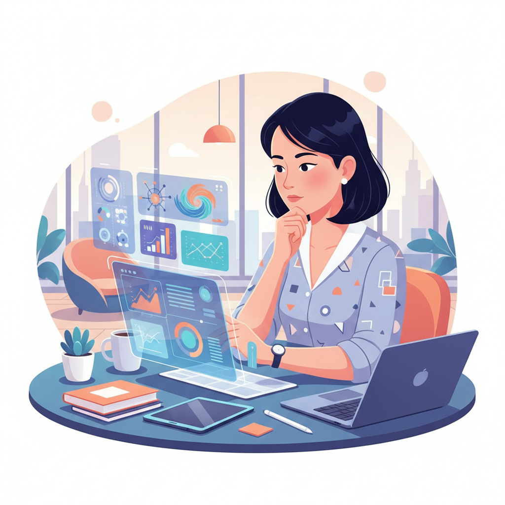 A Vietnamese SME owner looking at a complex AI dashboard with a thoughtful expression, surrounded by typical office items.