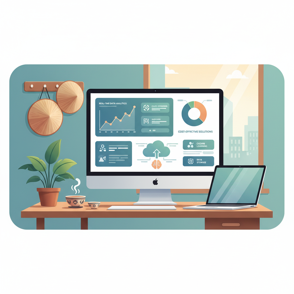 Cloud-based AI services dashboard on a computer screen in a small Vietnamese office, showing real-time data analytics and cost-effective solutions.