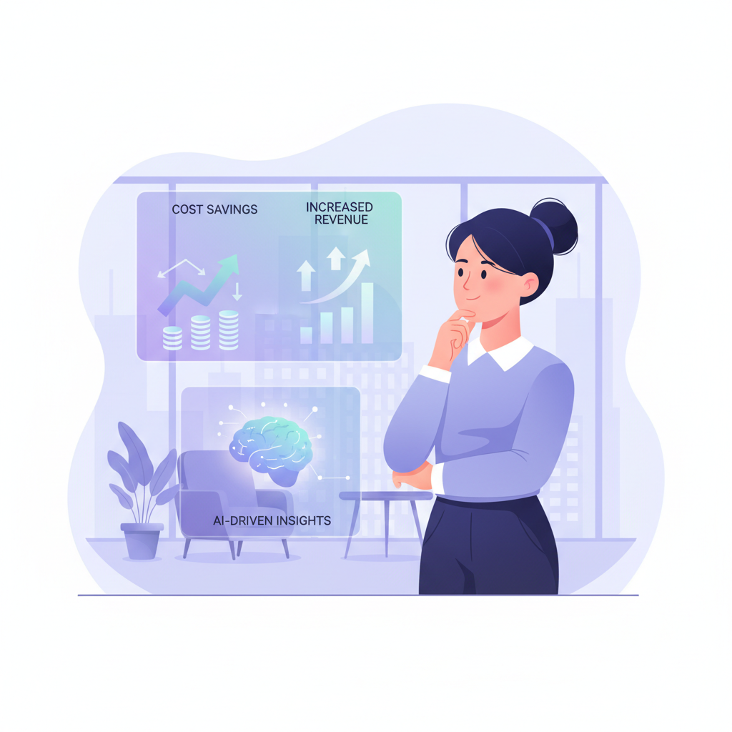 A Vietnamese small business owner looking at a dashboard with AI-driven insights, showing cost savings and increased revenue